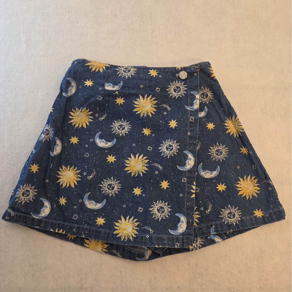 Vtg Xhilaration 90s Celestial Denim Skort Size 3/4 Sun Moon Stars Whimsigoth